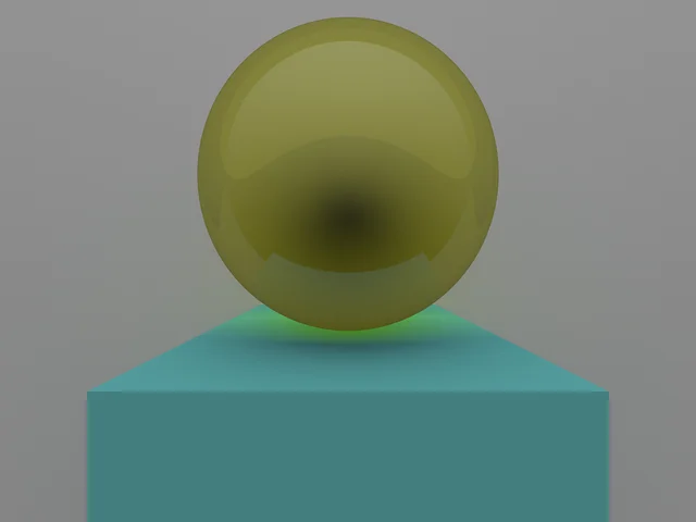 A yellow refractive sphere above a turquoise cube, lit by an environment and reflected in a backdrop.