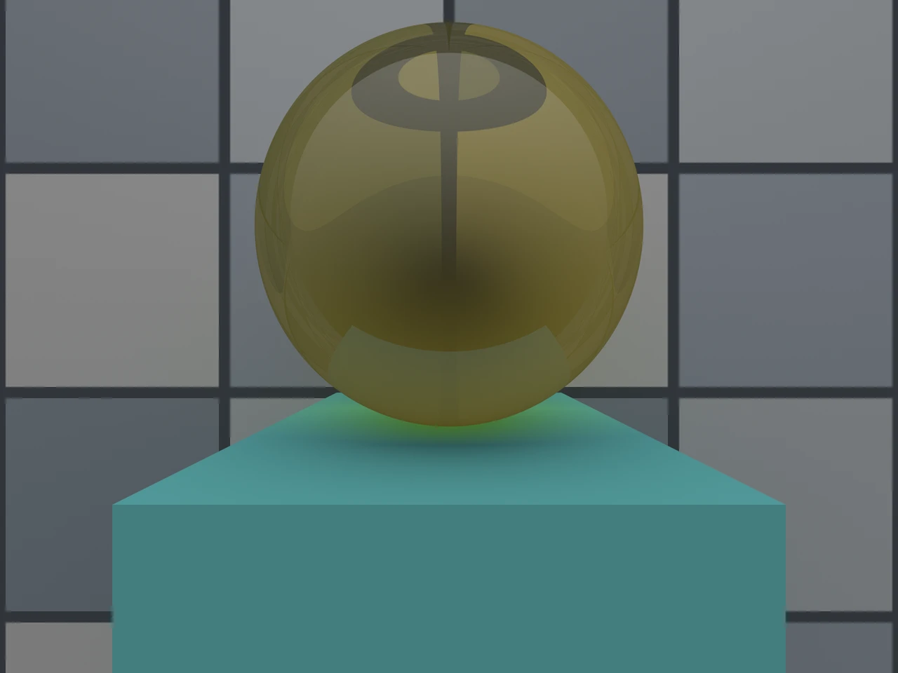 A yellow glass sphere and turquoise cube in front of a tiled reflective backdrop.