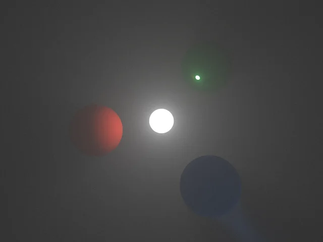 A white emitter lights fog around red diffuse, green reflective and blue refractive spheres against darkness.