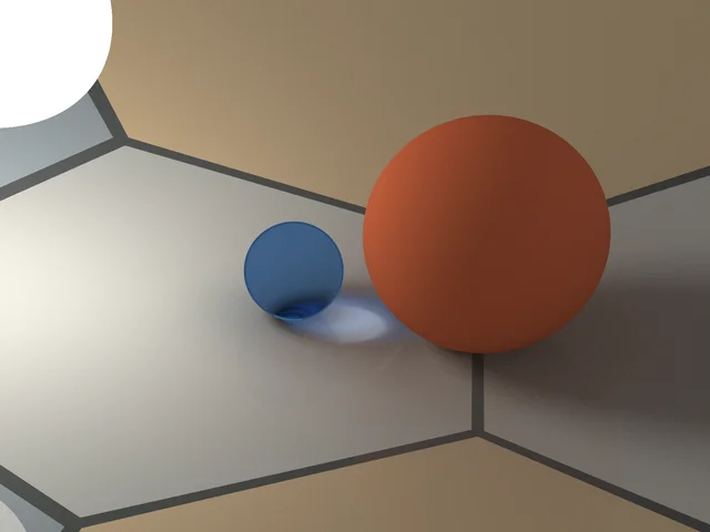 A closer view of the glass ball, caustic, and contact shadow.