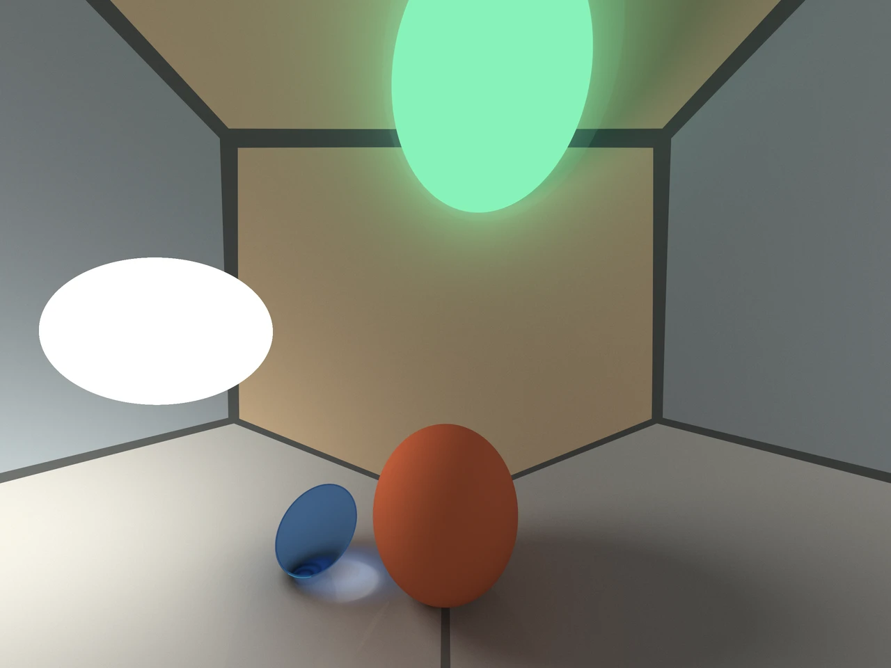 A blue glass ball beside an orange diffuse ball, a bright off-center sun, and a green glowing sphere above a pentagon-tiled floor.